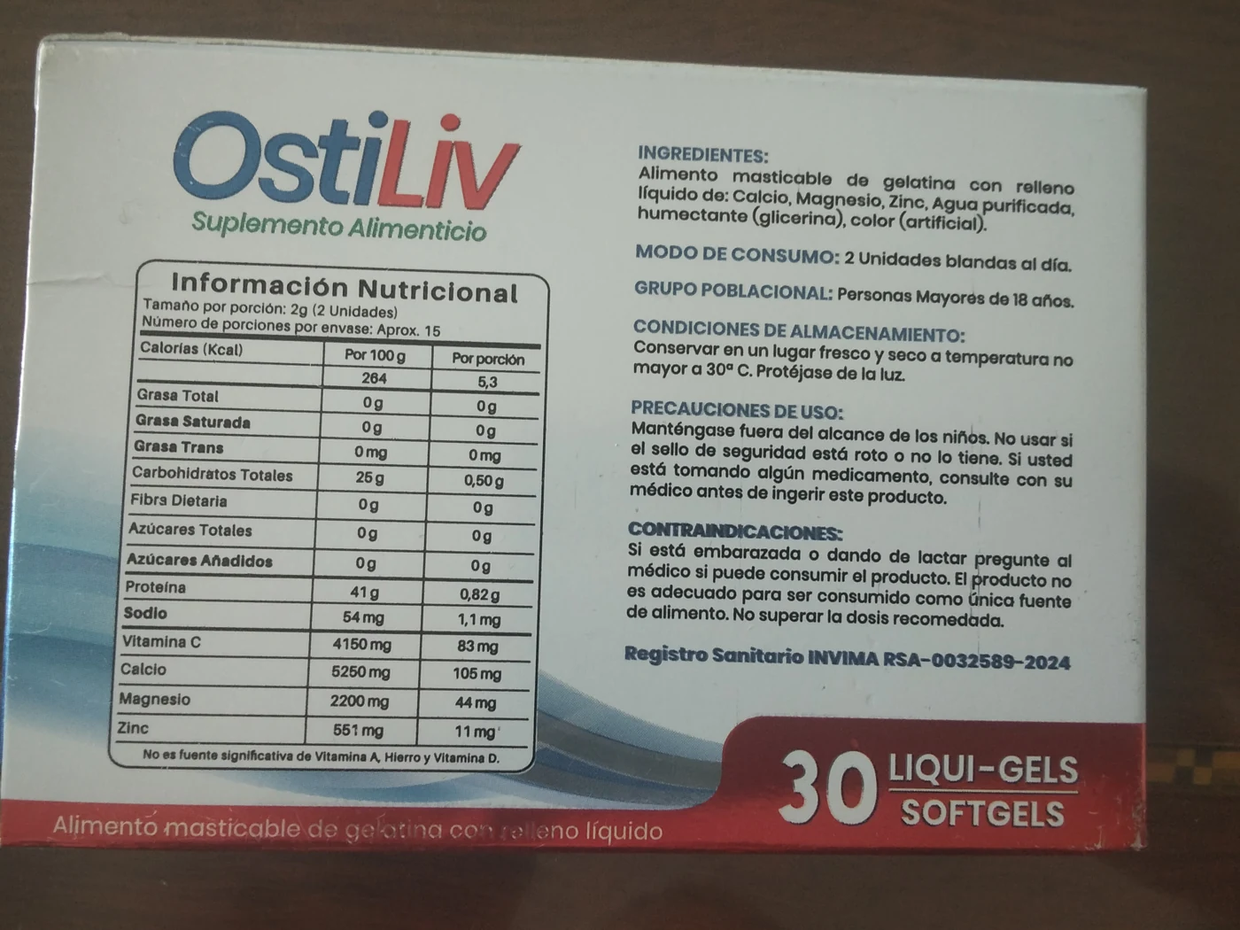 Original photograph of the label on the back of the OstiLiv packaging